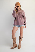 Load image into Gallery viewer, Easel Mineral Washed Top with Crochet Doily and Eyelet Lace Sleeves in Red Bean
