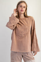 Easel Eyelet Lace Heart Patched Top in Almond