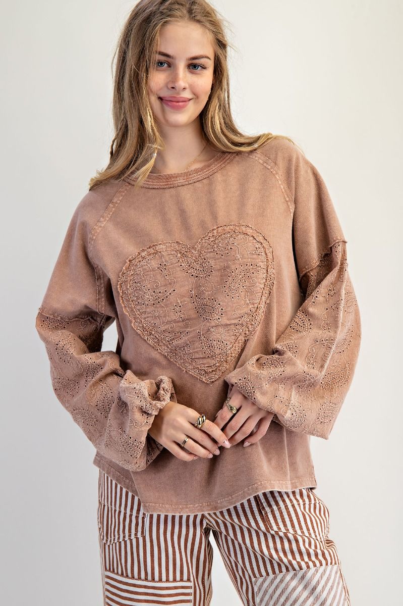 Easel Eyelet Lace Heart Patched Top in Almond – June Adel