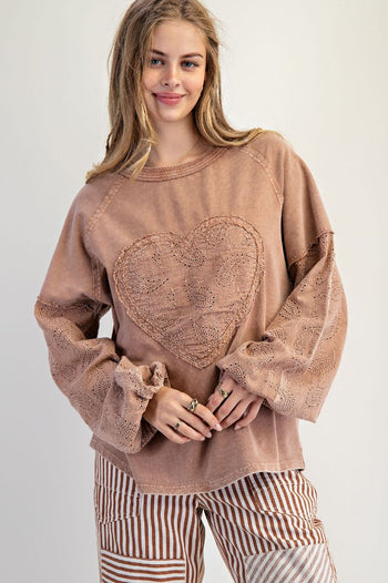 Easel Eyelet Lace Heart Patched Top in Almond