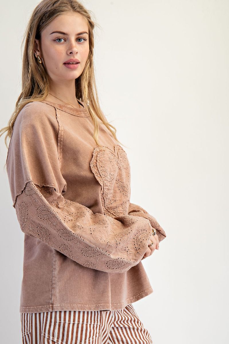 Easel Eyelet Lace Heart Patched Top in Almond – June Adel