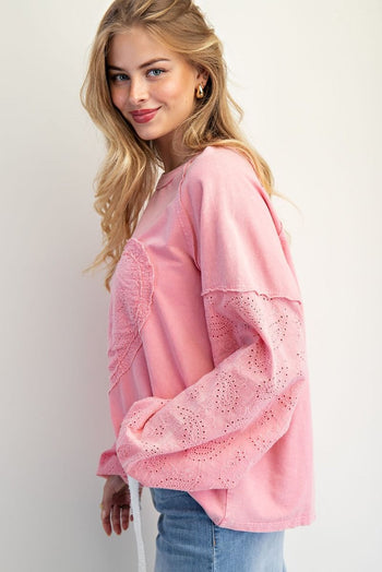 Easel Eyelet Lace Heart Patched Top in Cotton Candy