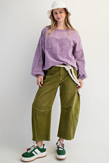 Easel Eyelet Lace Heart Patched Top in Dusty Lilac