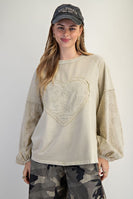 Easel Eyelet Lace Heart Patched Top in Faded Sage