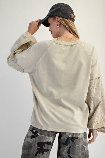 Easel Eyelet Lace Heart Patched Top in Faded Sage
