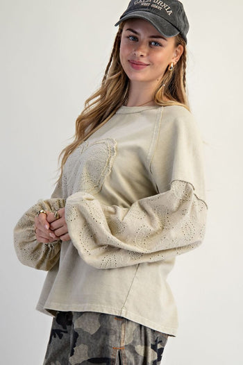 Easel Eyelet Lace Heart Patched Top in Faded Sage