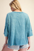 Load image into Gallery viewer, Easel Terry Knit Floral Embroidery Top in Faded Teal
