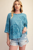 Easel Terry Knit Floral Embroidery Top in Faded Teal