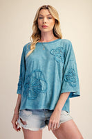Easel Terry Knit Floral Embroidery Top in Faded Teal