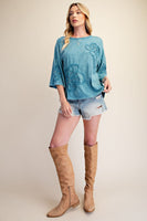 Easel Terry Knit Floral Embroidery Top in Faded Teal