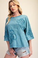 Easel Terry Knit Floral Embroidery Top in Faded Teal
