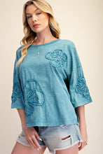 Load image into Gallery viewer, Easel Terry Knit Floral Embroidery Top in Faded Teal
