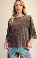 Easel Terry Knit Floral Embroidery Top in Mocha