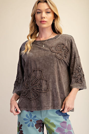 Easel Terry Knit Floral Embroidery Top in Mocha