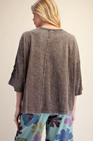 Easel Terry Knit Floral Embroidery Top in Mocha
