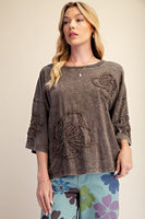Easel Terry Knit Floral Embroidery Top in Mocha