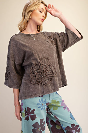 Easel Terry Knit Floral Embroidery Top in Mocha
