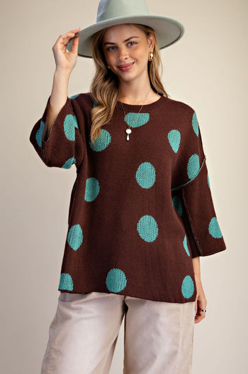 Easel Contrasting Polka-Dot Print Sweater in Brown ON ORDER