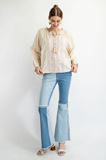 Easel Gauze Top with Contrasting Color Embroidery in Eggshell Shirts & Tops Easel   