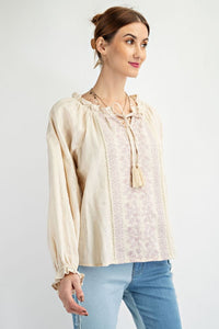 Easel Gauze Top with Contrasting Color Embroidery in Eggshell Shirts & Tops Easel   