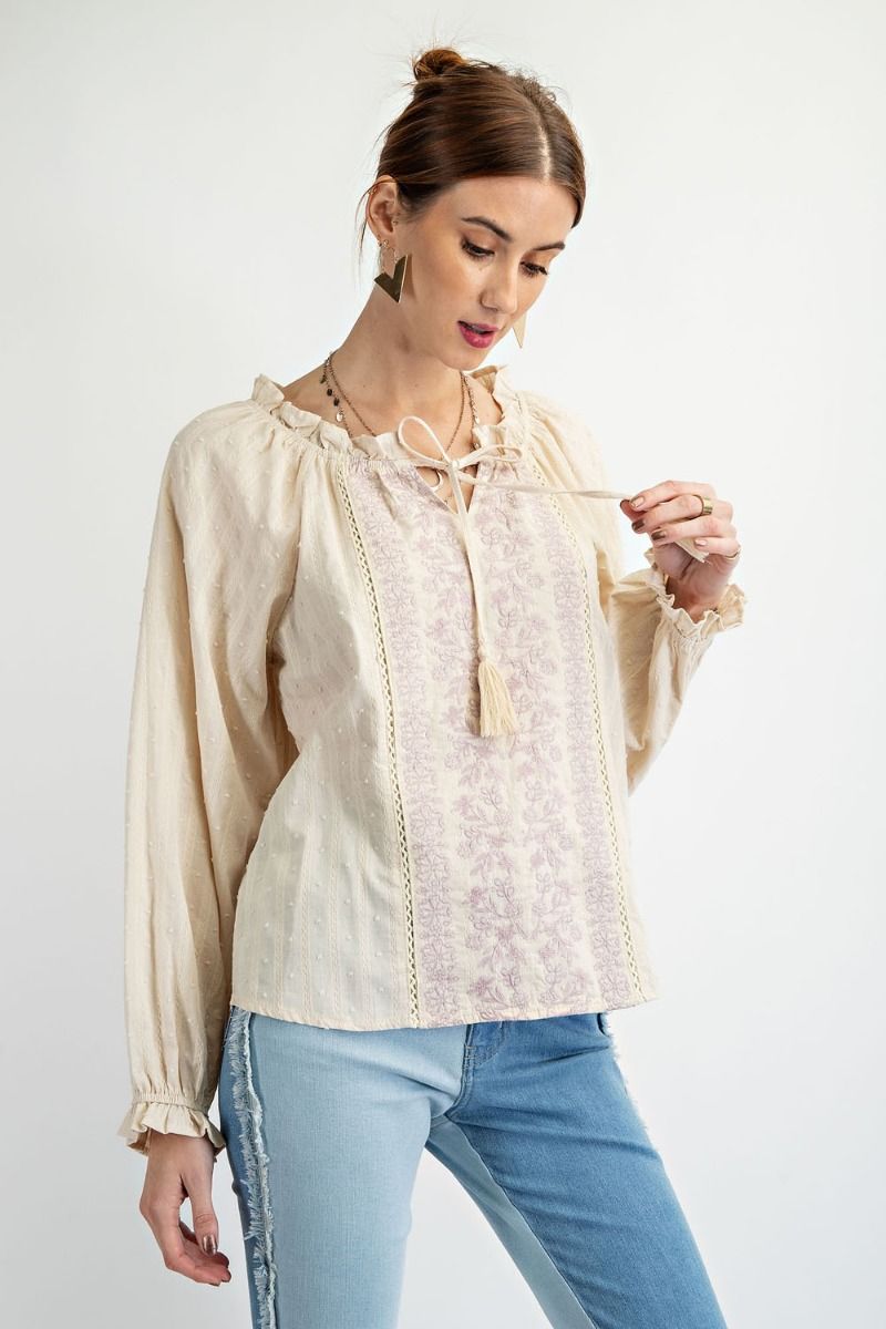 Easel Gauze Top with Contrasting Color Embroidery in Eggshell Shirts & Tops Easel   