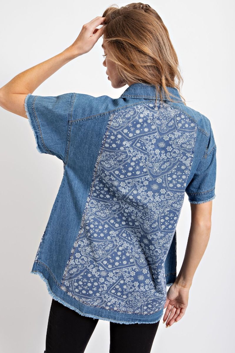 Easel Washed Denim Shirt with Bandana Details – June Adel