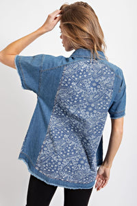Easel Washed Denim Shirt with Bandana Details Shirts & Tops Easel   
