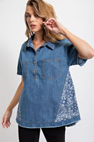 Easel Washed Denim Shirt with Bandana Details Shirts & Tops Easel   
