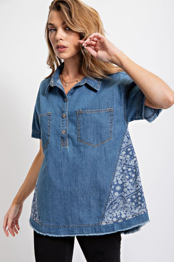 Easel Washed Denim Shirt with Bandana Details Shirts & Tops Easel   