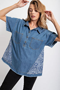 Easel Washed Denim Shirt with Bandana Details Shirts & Tops Easel   