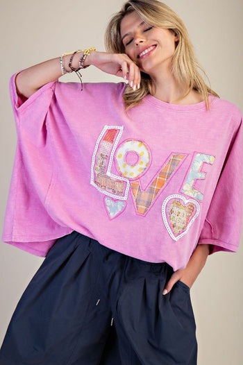 Easel Mineral Washed LOVE Patched Cotton Top in Candy Pink