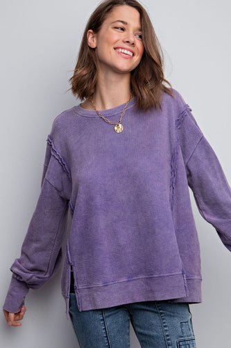 Easel Ribbed Knit Pullover Top in Purple Shirts & Tops Easel   