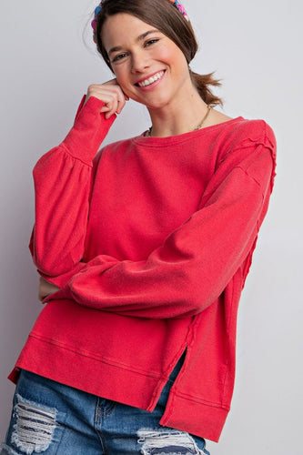 Easel Ribbed Knit Pullover Top in Strawberry Shirts & Tops Easel   