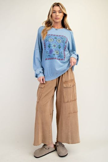Easel Terry Knit Top with Boho Print on Front in Peri Blue