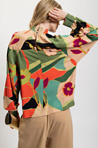 Easel Multi Color Printed Challis Top in Sage Coral Shirts & Tops Easel   