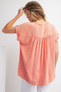 Easel Solid Color Cotton and Linen Blend Top in Faded Coral Shirts & Tops Easel   