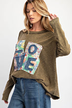 Load image into Gallery viewer, Easel Solid Color Ribbed Knit Top with LOVE Patches on Front in Olive
