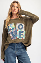 Load image into Gallery viewer, Easel Solid Color Ribbed Knit Top with LOVE Patches on Front in Olive
