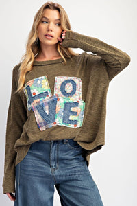 Easel Solid Color Ribbed Knit Top with LOVE Patches on Front in Olive