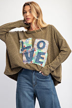 Load image into Gallery viewer, Easel Solid Color Ribbed Knit Top with LOVE Patches on Front in Olive
