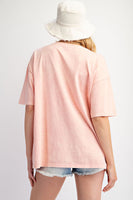 Easel Washed Knit Top with Cactus Print Front in Peach Coral