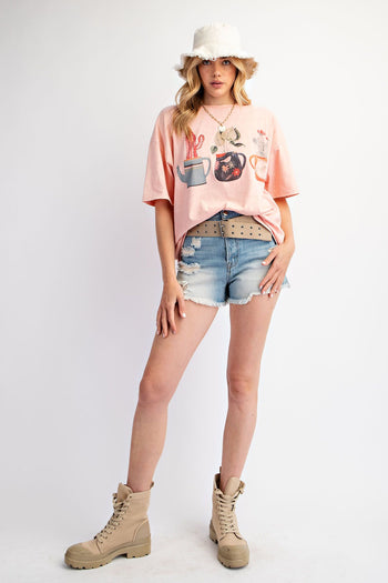 Easel Washed Knit Top with Cactus Print Front in Peach Coral