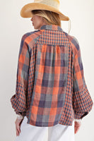 Easel Contrasting Plaid Button Down Top in Vintage Rose