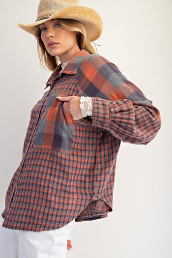 Easel Contrasting Plaid Button Down Top in Vintage Rose