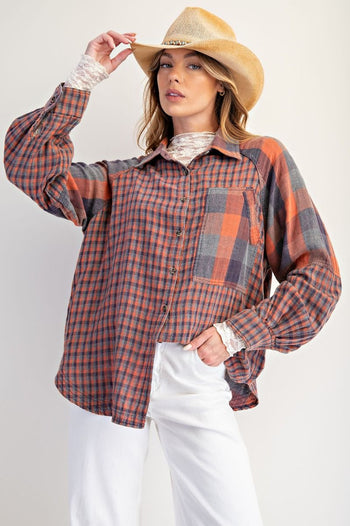 Easel Contrasting Plaid Button Down Top in Vintage Rose