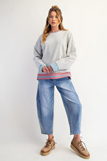 Easel OVERSIZED Striped Terry Knit Top in Heather Grey ON ORDER