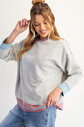 Easel OVERSIZED Striped Terry Knit Top in Heather Grey ON ORDER