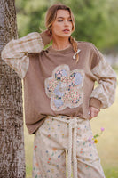 Easel Mineral Washed Flower Patch Front Cotton Top in Mocha
