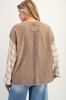 Easel Mineral Washed Flower Patch Front Cotton Top in Mocha