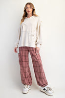 Easel Solid Color Terry Knit Bow Patch Hooded Top on Ecru